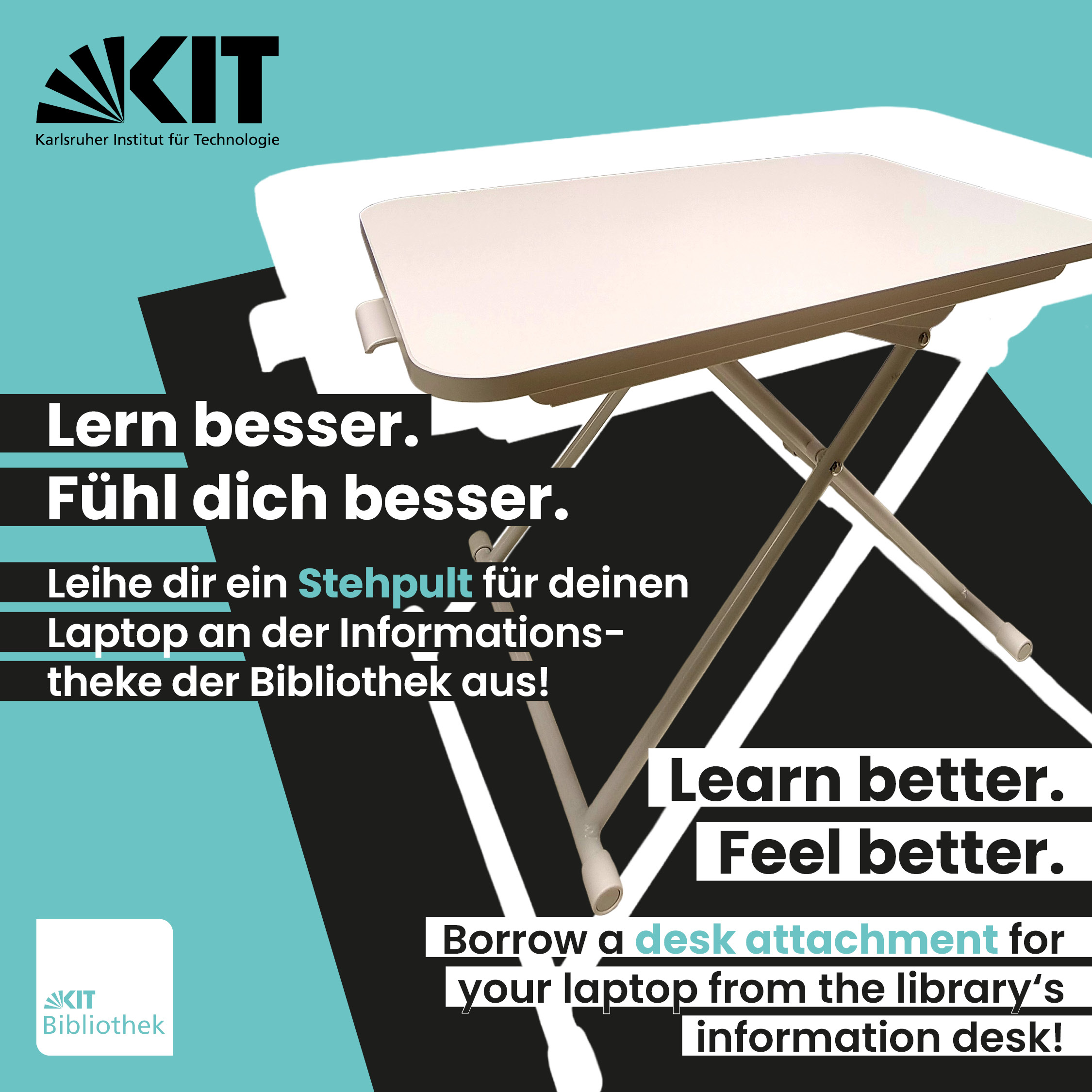 Christian Elsner | KIT Werbegrafik der KIT-Bibliothek mit einem seitlich fotografierten, höhenverstellbaren Stehpult vor grafischem Hintergrund in Türkis, Schwarz und Weiß.