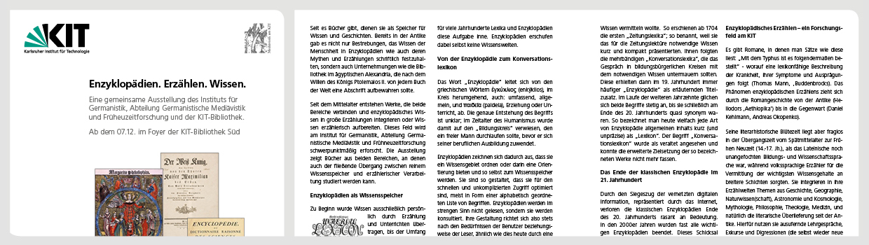 Fotos: Cover: Thumbnails aus Bibliothekskatalogen und Wikipedia. Andere: Wikipedia. Logo: Inst. für Germanistik, Abt. Germanistische Mediävistik u. Früheuzeitforschung Grafik Ausstellung Enzyklopädien. Erzählen. Wissen