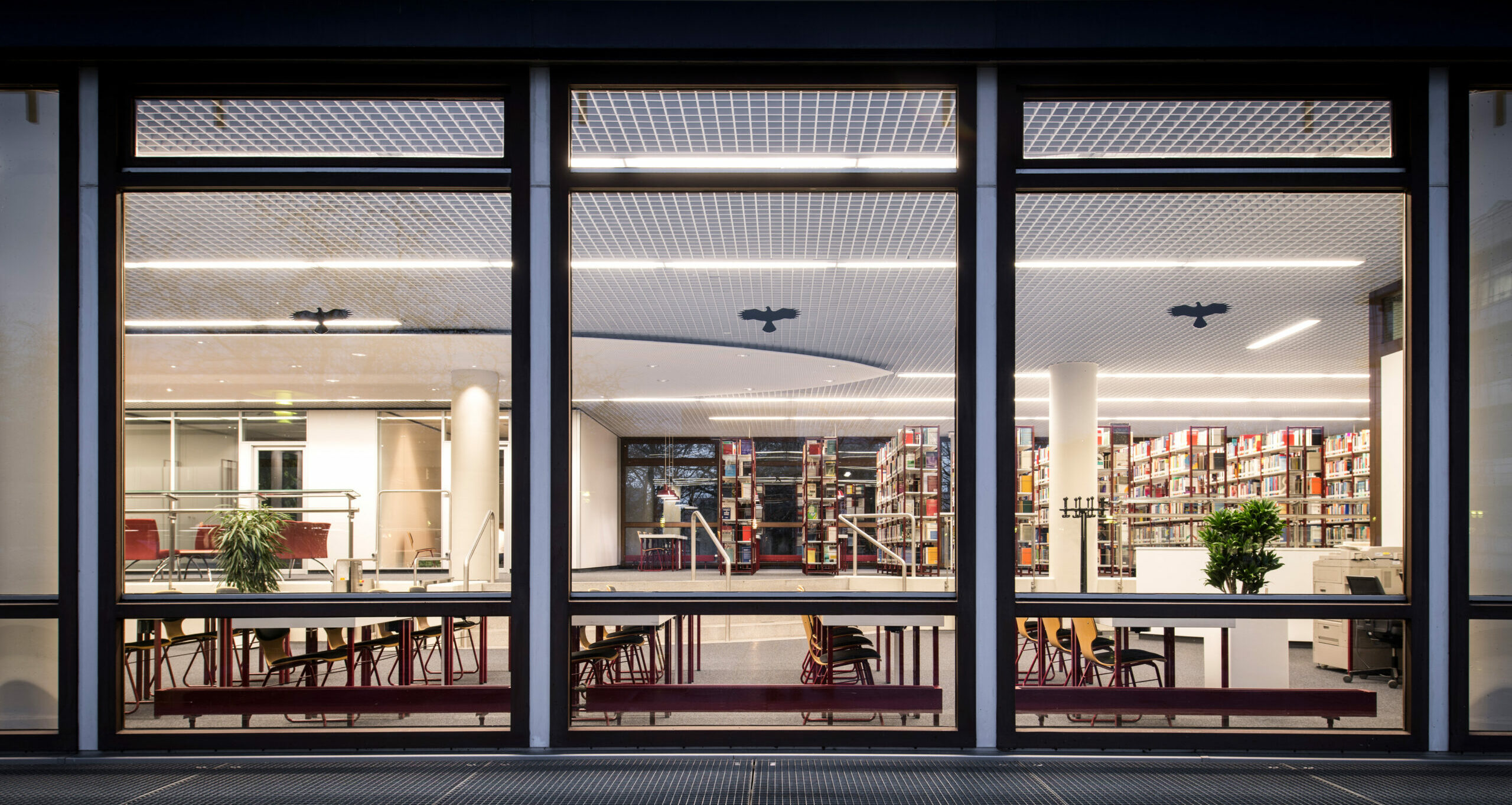 Innenansicht der Bibliothek der Informatik-Fakultät am KIT. Durch große Fenster sind Tische, Stühle, Bücherregale und Pflanzen zu sehen. Der Raum ist hell und modern eingerichtet.