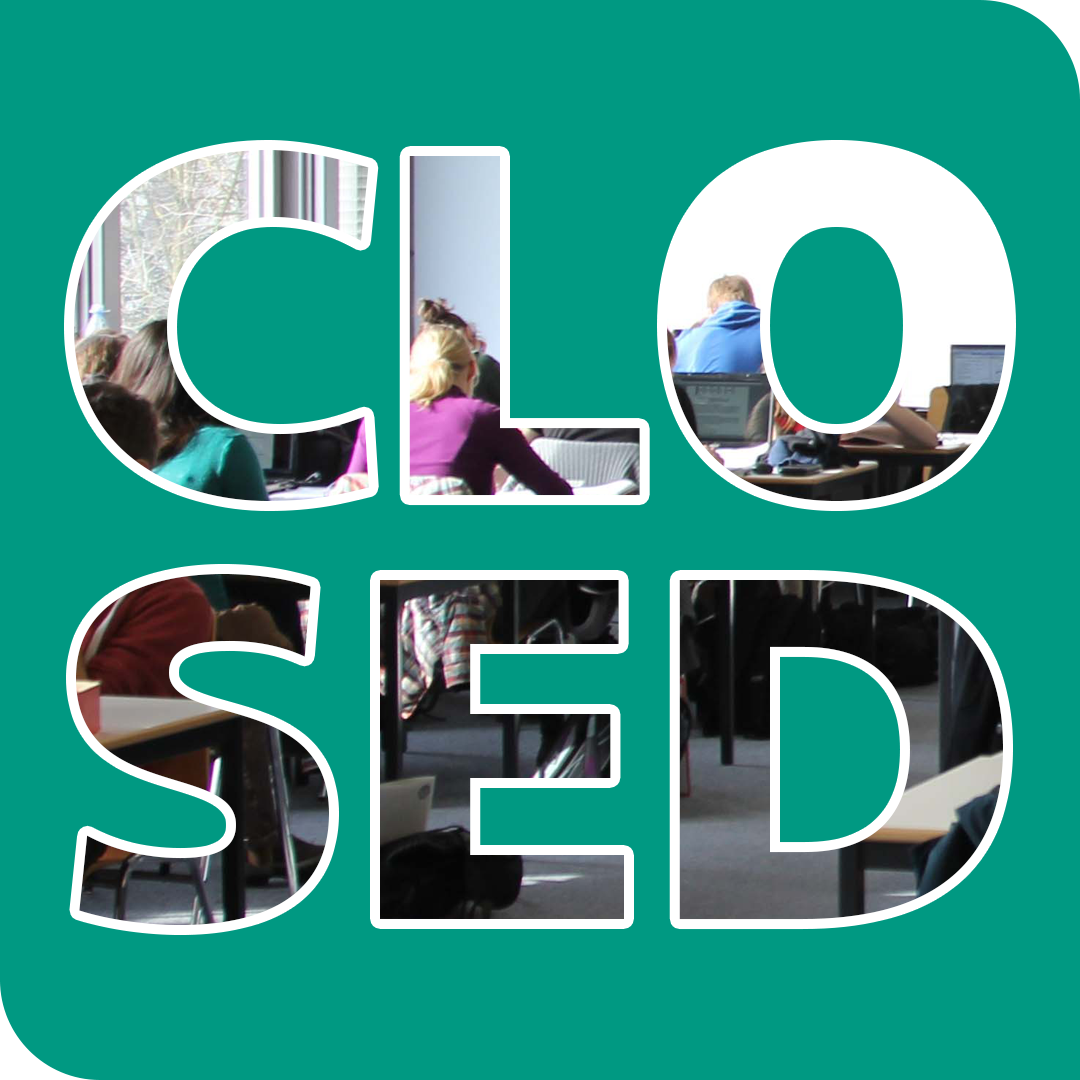 Schnittmaske aus Foto und Schrifzug. Foto zeigt Studierende, die konzentriert in der Fachbibliothek Physik mit Laptops und Unterlagen arbeiten. Der Schriftzug lautet "CLOSED".