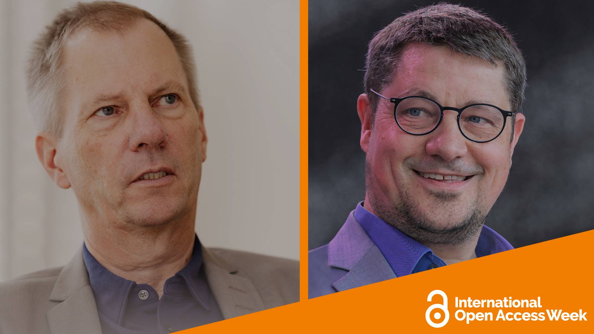 KIT Komposition aus Portraitfotos: Links Prof. Dr. Oliver Kraft, rechts Dr. Arne Upmeier. Rechts unten das Logo der International Open Access Week 2025.