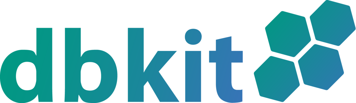 dbkit logo with stylized hexagonal shapes in blue-green gradient.
