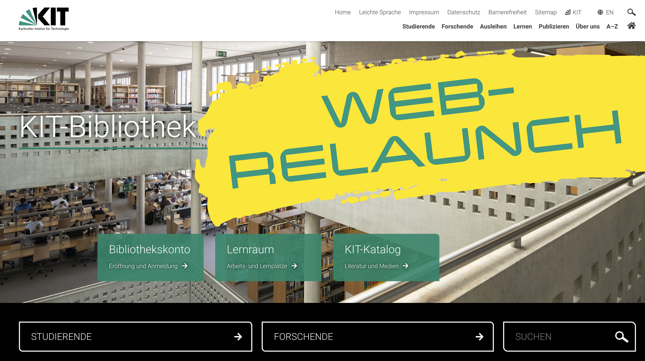 Startseite der KIT-Bibliothek mit dem Hinweis auf den Web-Relaunch und Links zu Kernfunktionen.