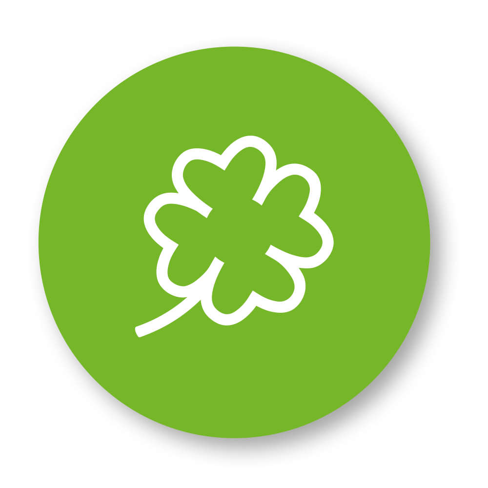 Weißes vierblättriges Kleeblatt-Symbol in einem grünen Kreis.