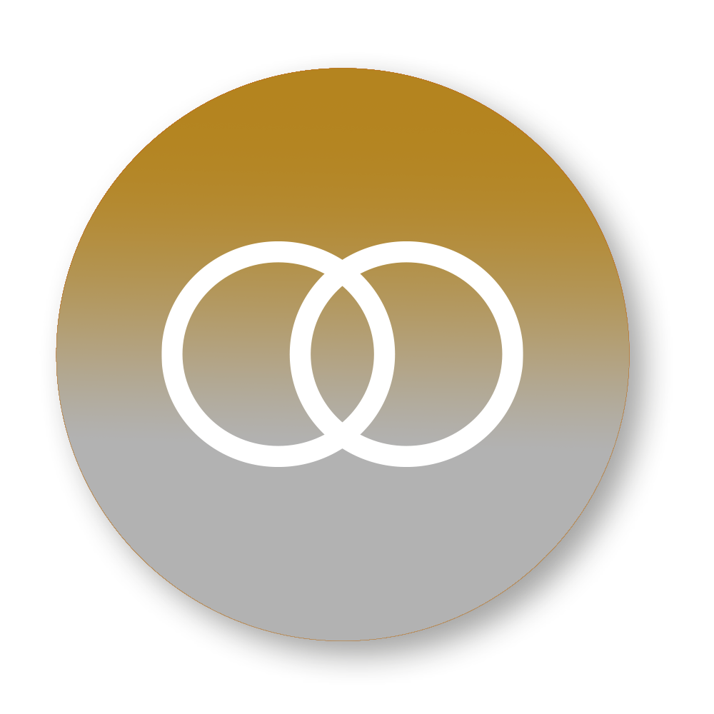 Goldfarbenes kreisförmiges Symbol mit zwei sich überschneidenden weißen Ringen.